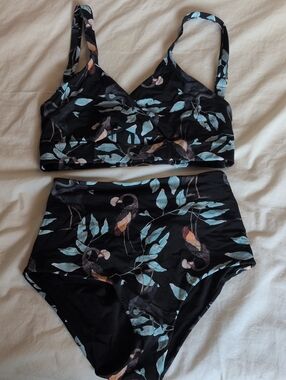 Flamingo-Print High-Waist Bikini Set - Black & Blue